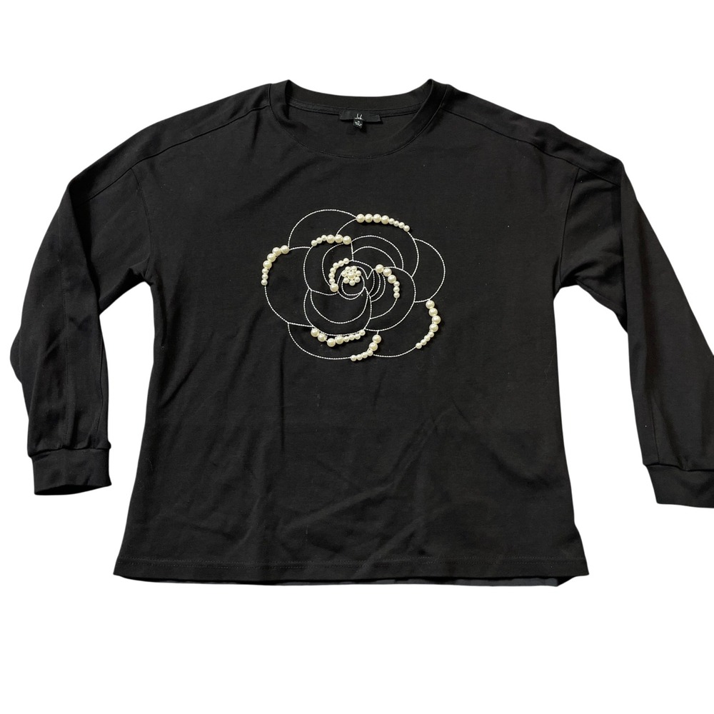 Joh.‎ SMall Black Shirt Beaded Floral Print 3/4 Sleeve